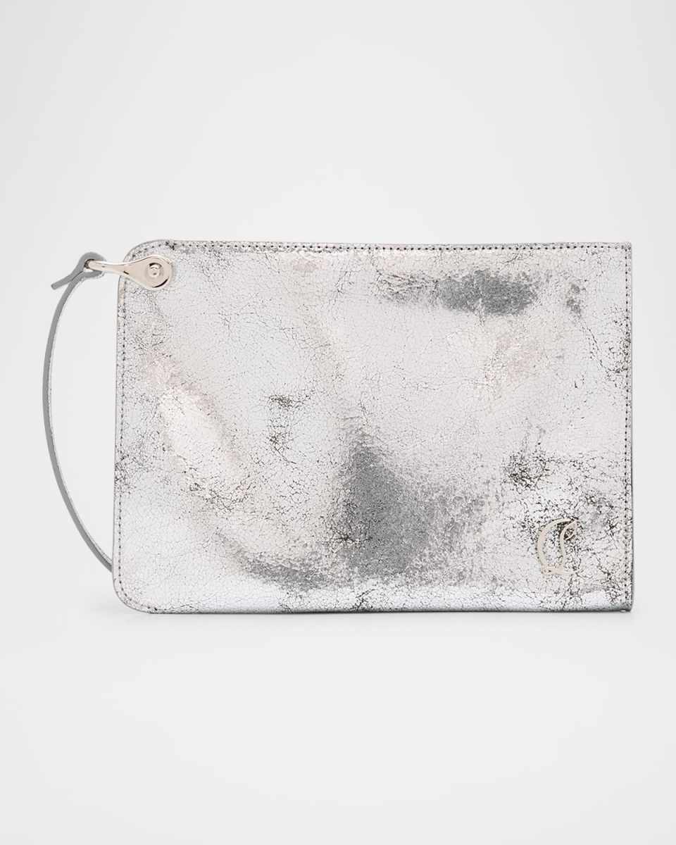Loubi54 Flat Pouch Bag in Metallic Crackled Leather